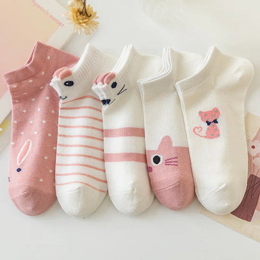 5 Pairs Women's Short Tube Socks Pink Cat Thin Four Seasons Cute Boat Sockslow Top Ins Trendy Socks