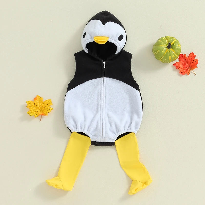 2024-05-27 Lioraitiin Baby Penguin Costume Fleece Sleeveless Zip-Up Hooded Romper Knee High Socks 2 Piece Set for Girls Boys