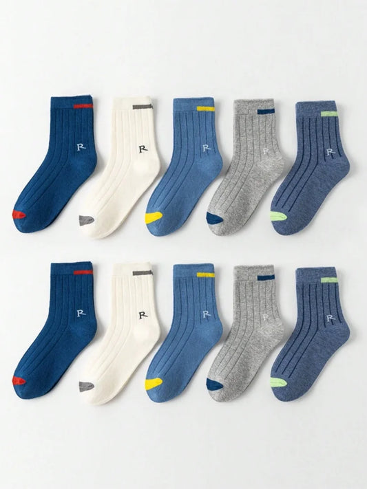 5 Pairs of Boys' Socks, Spring, Autum and Winter New Mid-calf Socks, Kidsren's Sports Socks, Boys' Breathable Pure Color Trendy Socks