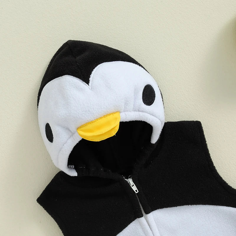 2024-05-27 Lioraitiin Baby Penguin Costume Fleece Sleeveless Zip-Up Hooded Romper Knee High Socks 2 Piece Set for Girls Boys