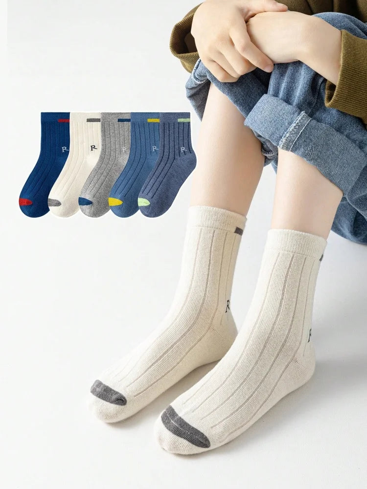 5 Pairs of Boys' Socks, Spring, Autum and Winter New Mid-calf Socks, Kidsren's Sports Socks, Boys' Breathable Pure Color Trendy Socks