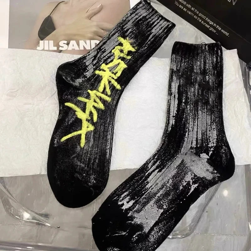 Men's sports socks, cotton casual, soft breathable summer winter for male socks versatile. Letter graffiti personalized socks