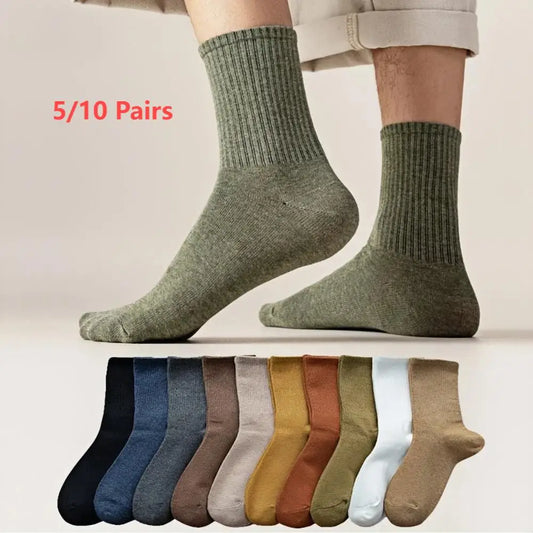 5/10 pairs Men's and women's solid color socks, with a middle tube that is elastic, sweat absorbing, odor proof socks