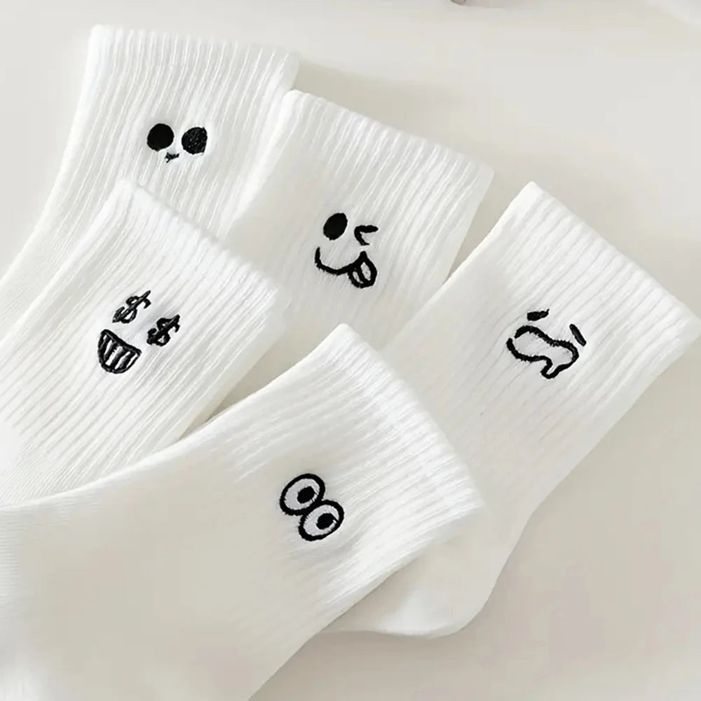 5/10 Pairs Women Cartoon Socks Round Mid Tube Fashionable Cute Expression Pattern Socks Casual Breathable Autumn Girls Socks