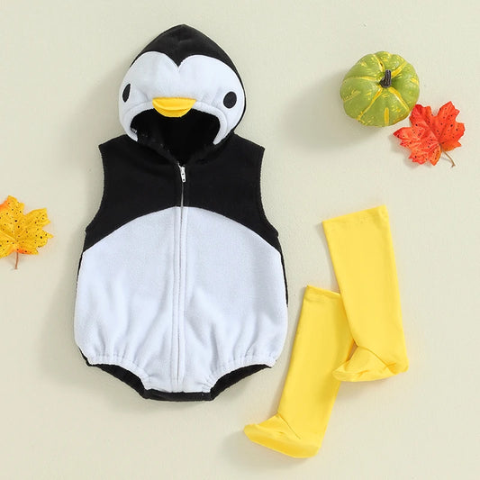 2024-05-27 Lioraitiin Baby Penguin Costume Fleece Sleeveless Zip-Up Hooded Romper Knee High Socks 2 Piece Set for Girls Boys