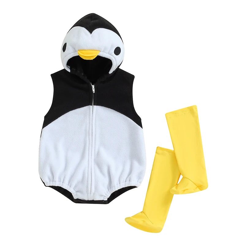 2024-05-27 Lioraitiin Baby Penguin Costume Fleece Sleeveless Zip-Up Hooded Romper Knee High Socks 2 Piece Set for Girls Boys