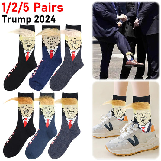 1-5Pairs Trump Socks With Hair Trump Face Compression Socks Novelty Funny Wig Socks Soft 3D Fake Hair Trump Socks for Men Women