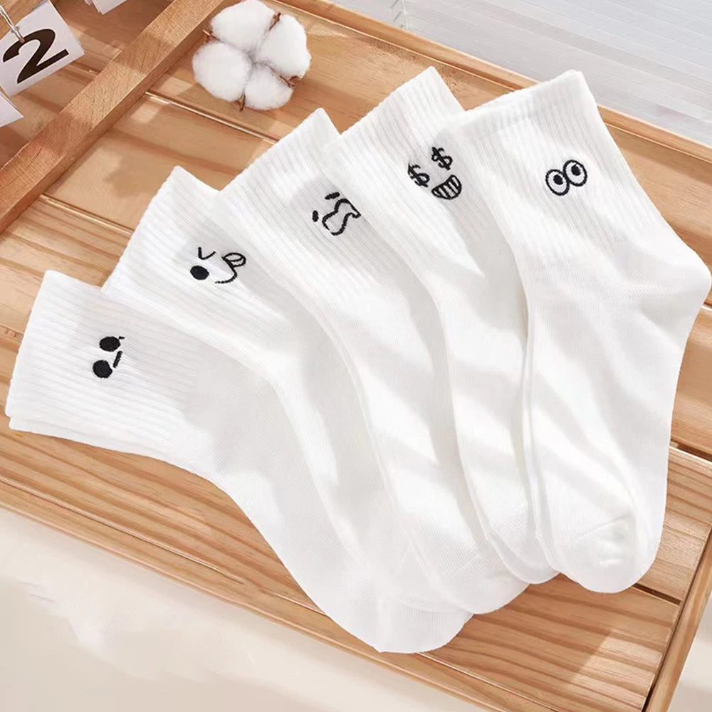 5/10 Pairs Women Cartoon Socks Round Mid Tube Fashionable Cute Expression Pattern Socks Casual Breathable Autumn Girls Socks