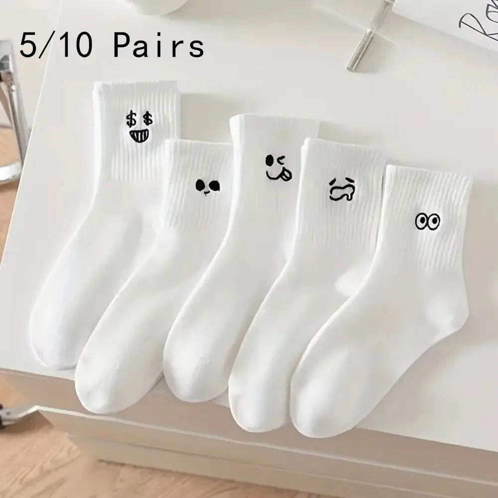 5/10 Pairs Women Cartoon Socks Round Mid Tube Fashionable Cute Expression Pattern Socks Casual Breathable Autumn Girls Socks