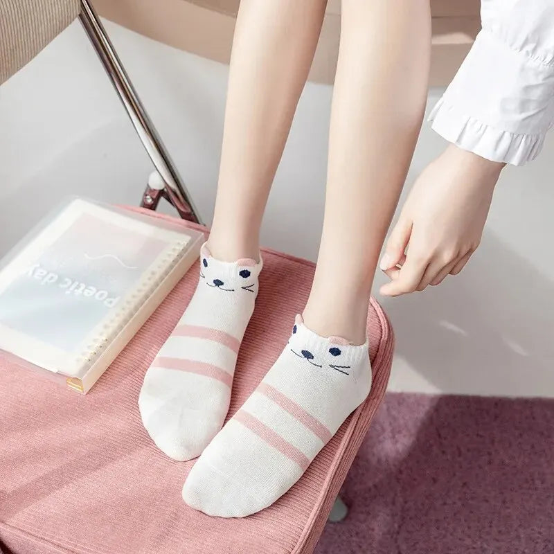 5 Pairs Women's Short Tube Socks Pink Cat Thin Four Seasons Cute Boat Sockslow Top Ins Trendy Socks