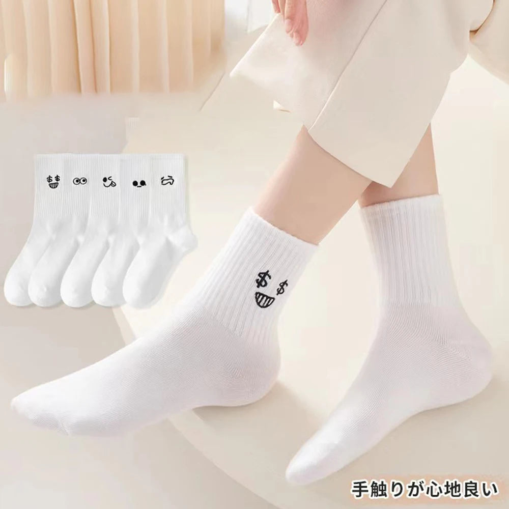 5/10 Pairs Women Cartoon Socks Round Mid Tube Fashionable Cute Expression Pattern Socks Casual Breathable Autumn Girls Socks